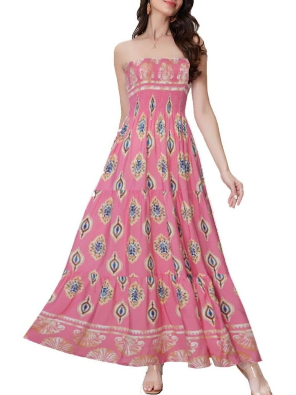 Women's Pink Retro Pattern Tube Top Off Shoulder Boho Beach Long Maxi Dress